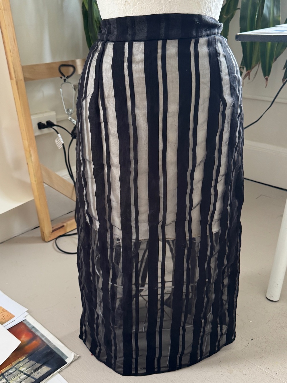 Zara Sheer Black Stripe Midi Skirt